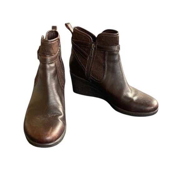 Ugg Emalie Waterproof Leather Wedge Ankle Boots Brown Size 8 Leather Shearling - Picture 2 of 11
